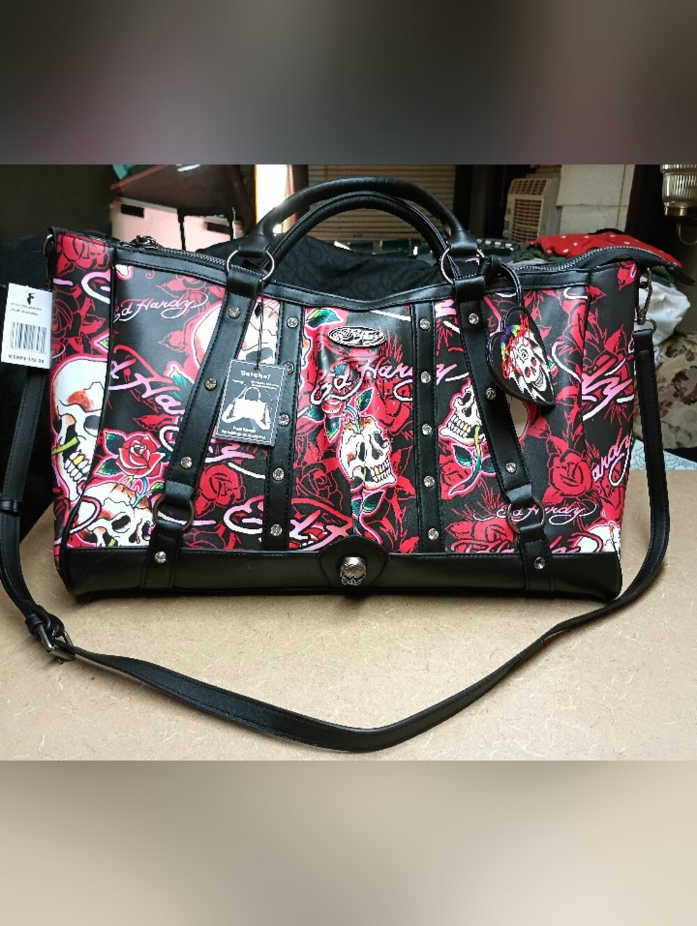 Ed Hardy Black & Red Tattoo Skull Rose Weekender satchel bag NWT